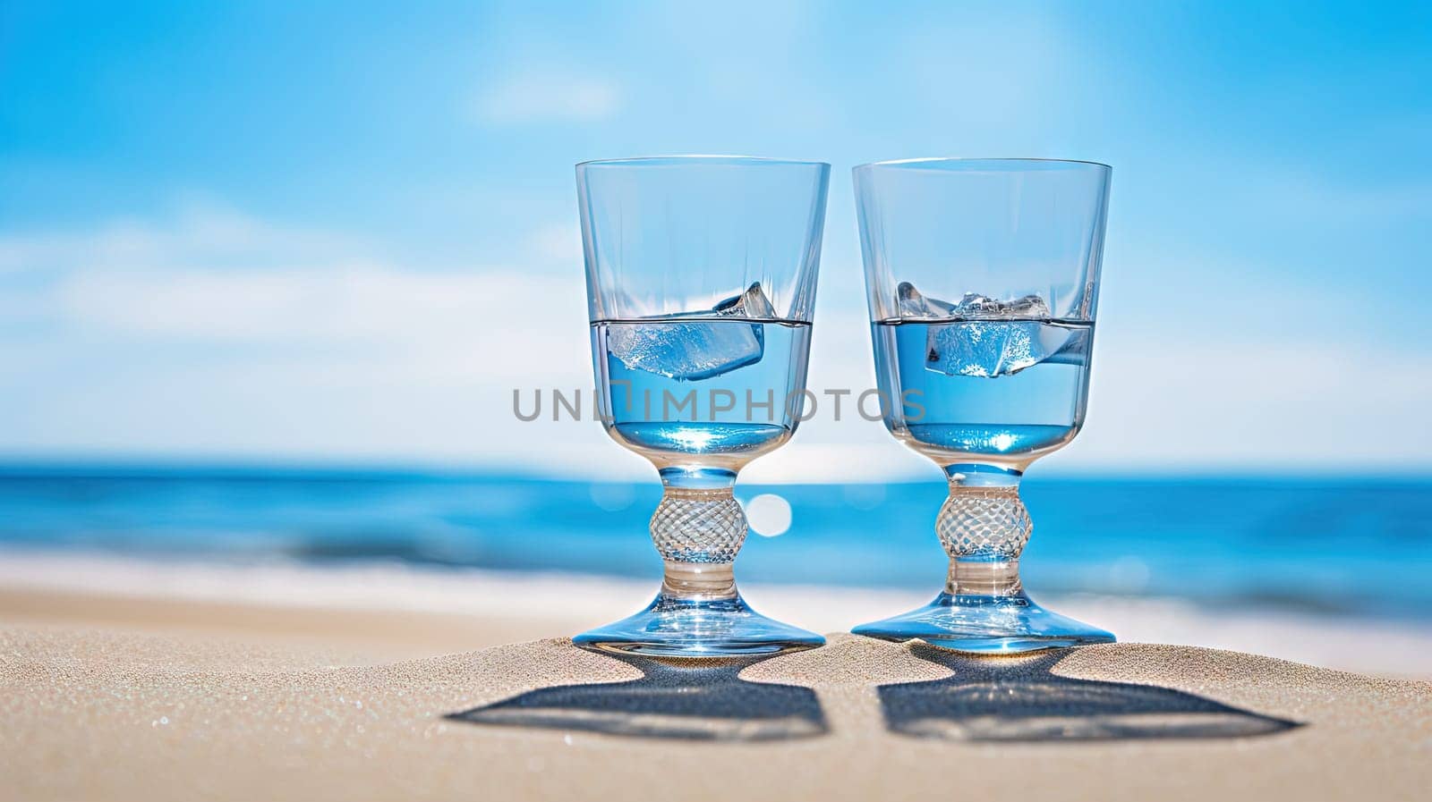 Glass with water in the sand of the beach. Vacation scene with glass on the shore line. Generative AI.