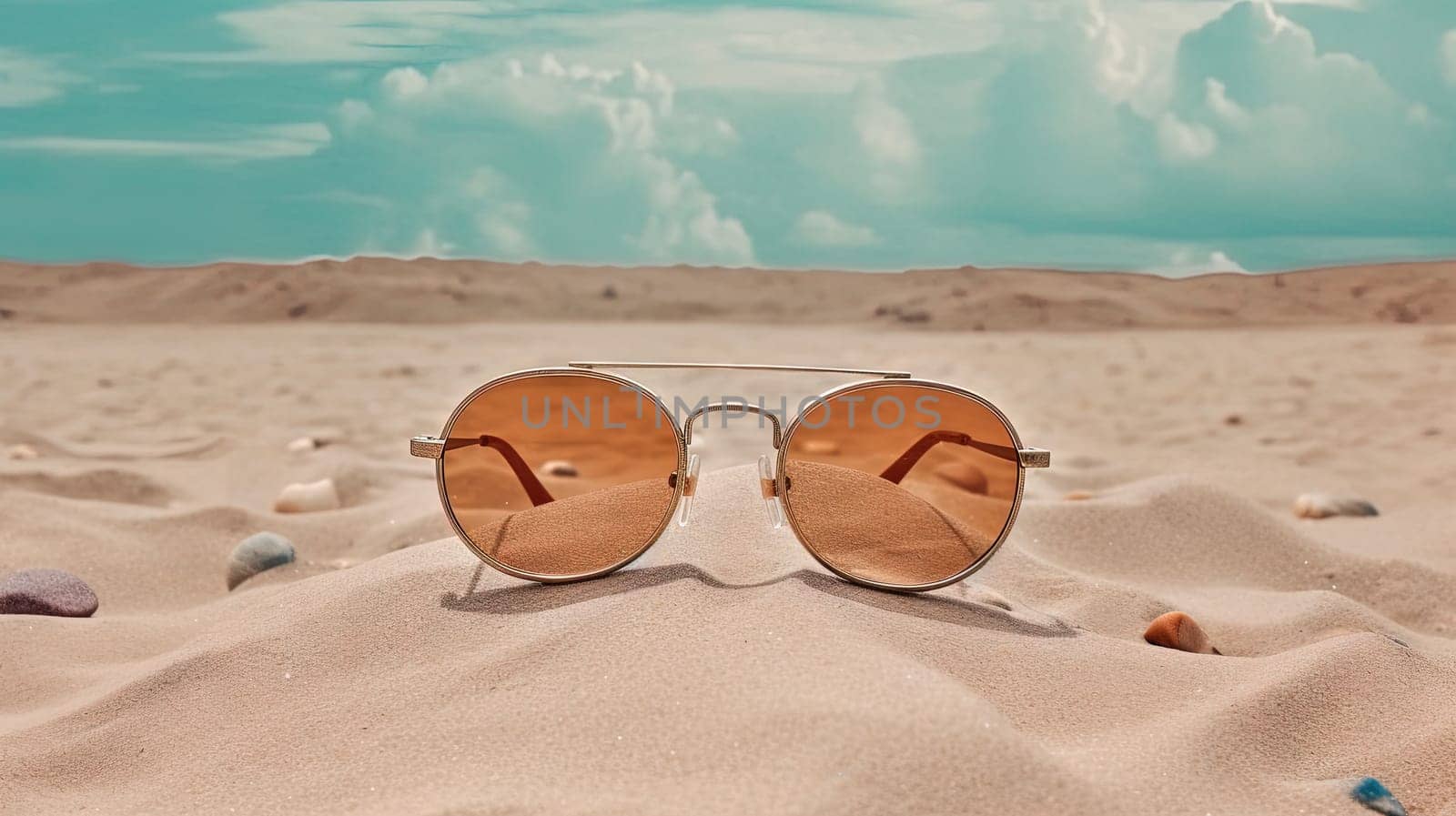 Glasses in the sand of the beach. Vacation scene with sunglass on the shore line. Generative AI