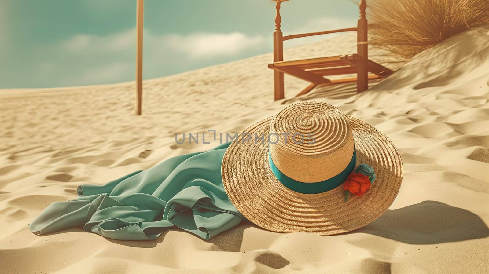 Hat and towel on the sand of the beach. Vacation scene with straw hat on the shore line. Generative AI. by SwillKch