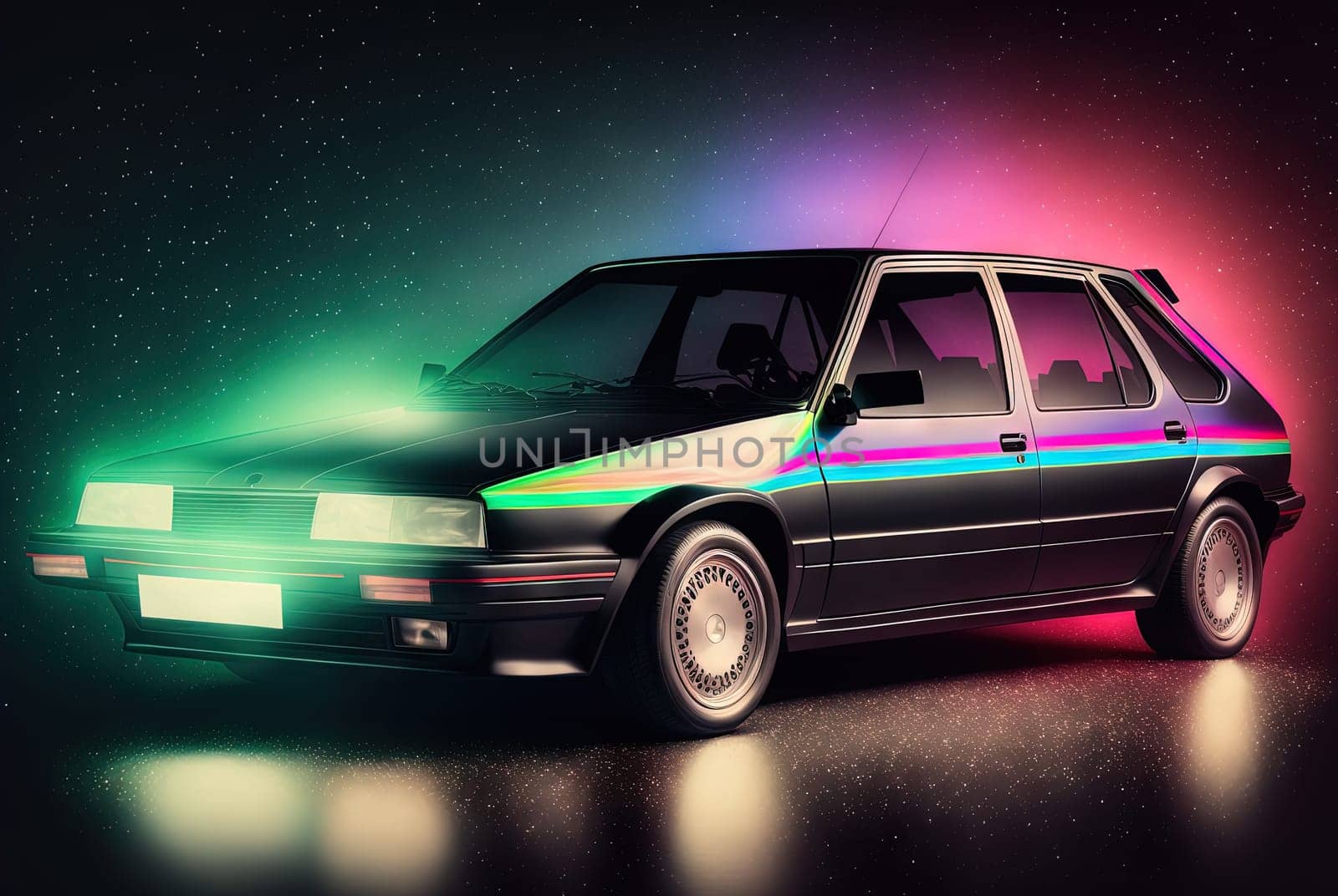 80s styled abstract retro car. Vintage automotive design in neon lights. Generated AI