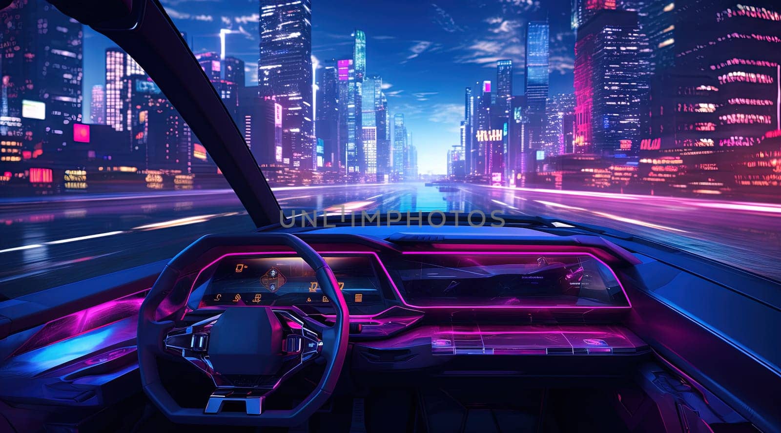 Furutistic car dashboard in the neon city.Synthwave or cyberpunk automobile control panel. Generated AI