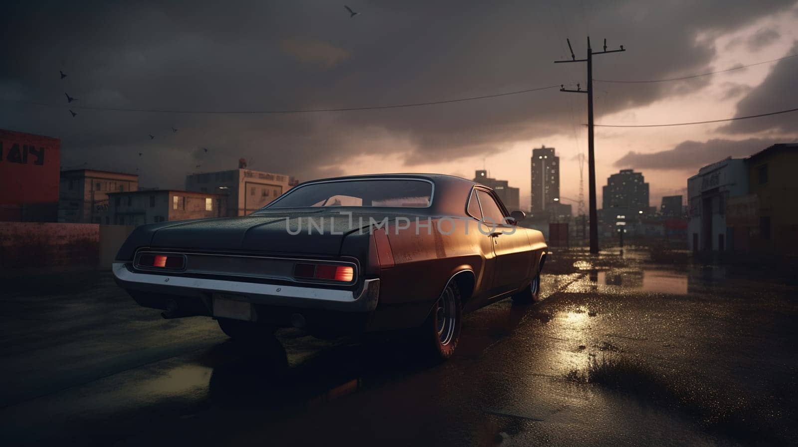 Vintage muscle car parked on the street at night. 80s styled synthwave retro scene with powerful drive in evening. Generated AI. by SwillKch