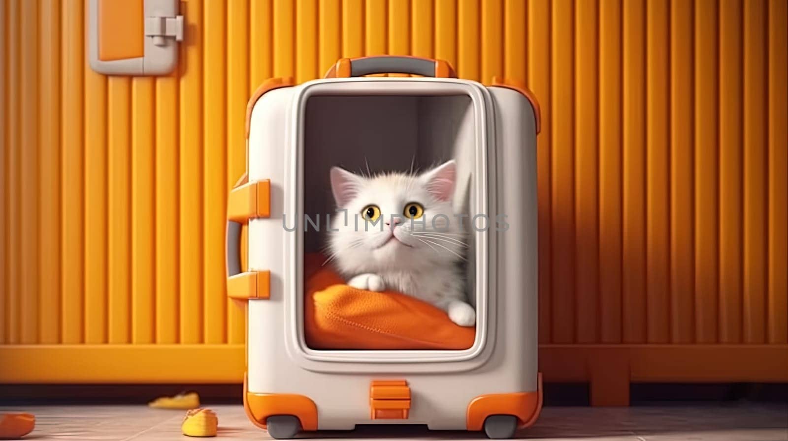 Cute white cat sitting in the suitcase. Sweet fluffy kitten is ready to travel. Generated AI