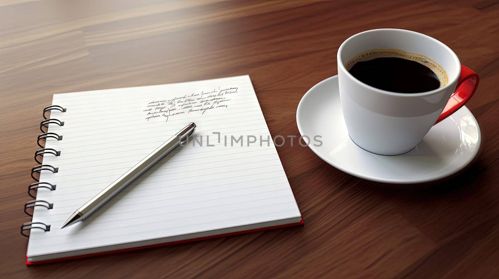 Cup of coffee and notepad with pen composition, top view. Generated AI. by SwillKch