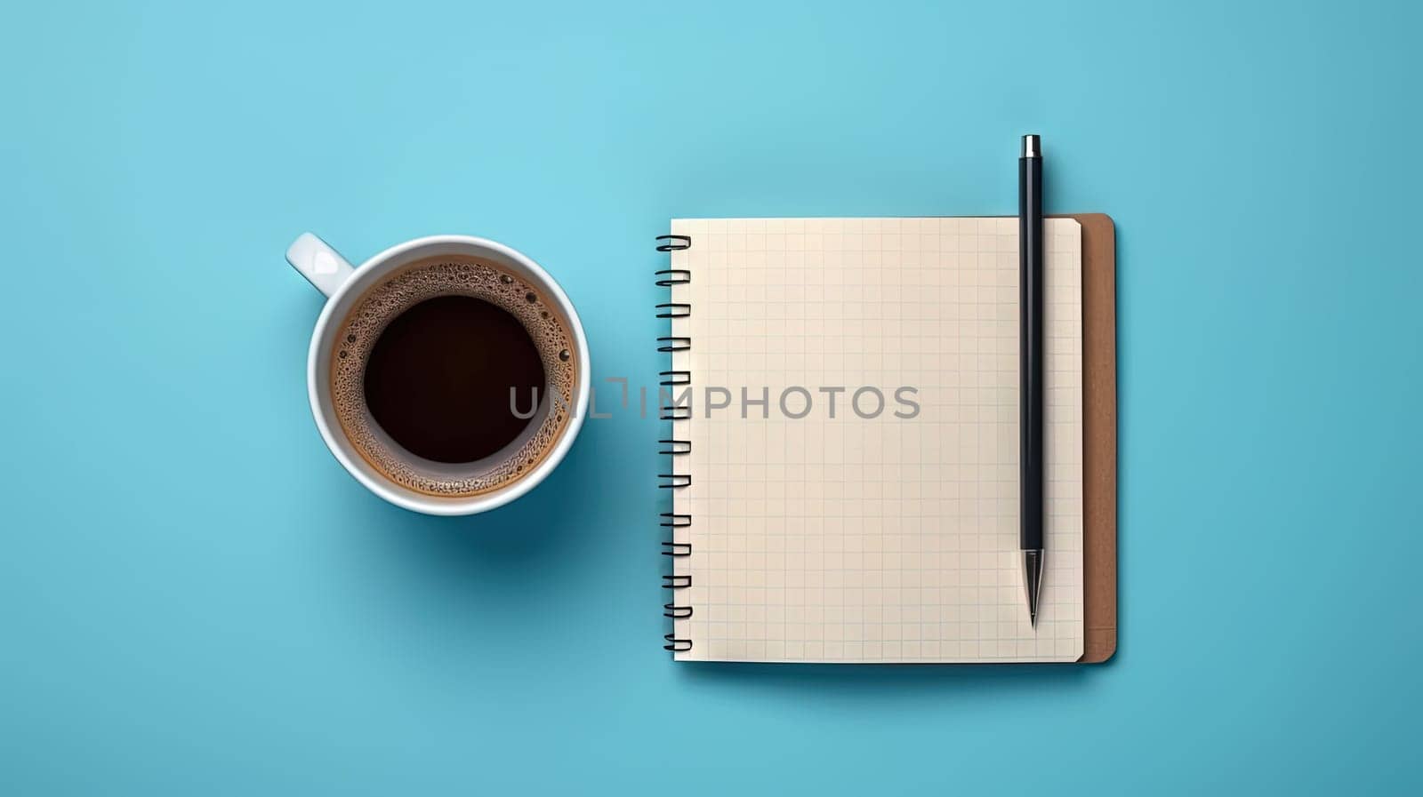 Cup of coffee and notepad with pen, top view. Generated AI. by SwillKch