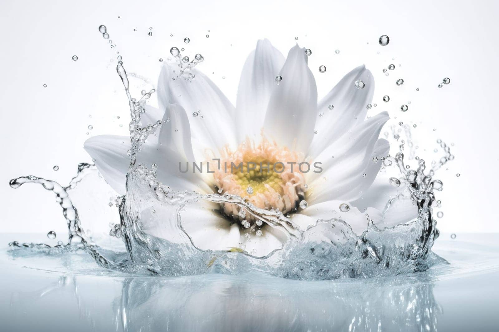 Flower in splashing water. Floral freshness concept with water drops for cosmetic, moisture and self-care packaging. Generated AI. by SwillKch