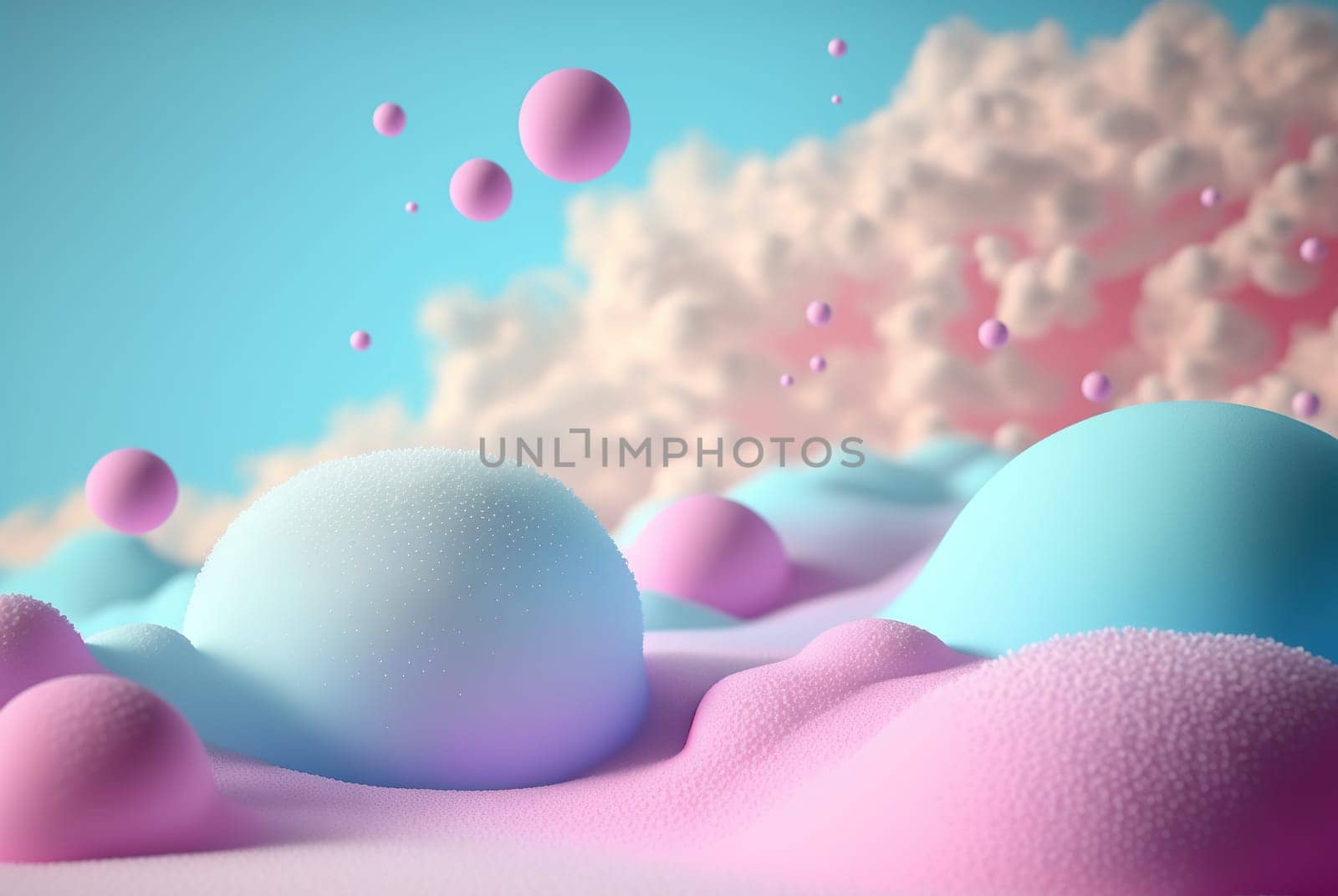 Abstract foam clouds with splashing forms and drops. Colorful foam cloud background. Generated AI. by SwillKch