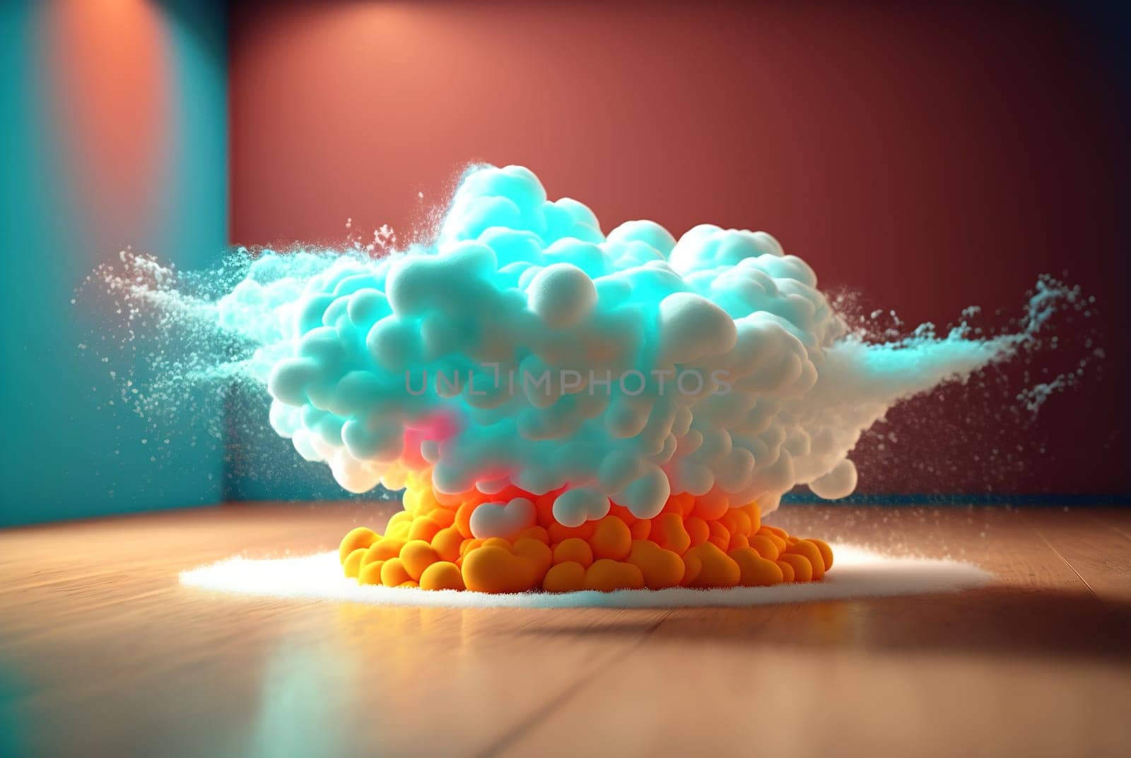Abstract sweet foam clouds with splashing forms and drops. Colorful foam cloud ro sweet cotton background. Generated AI