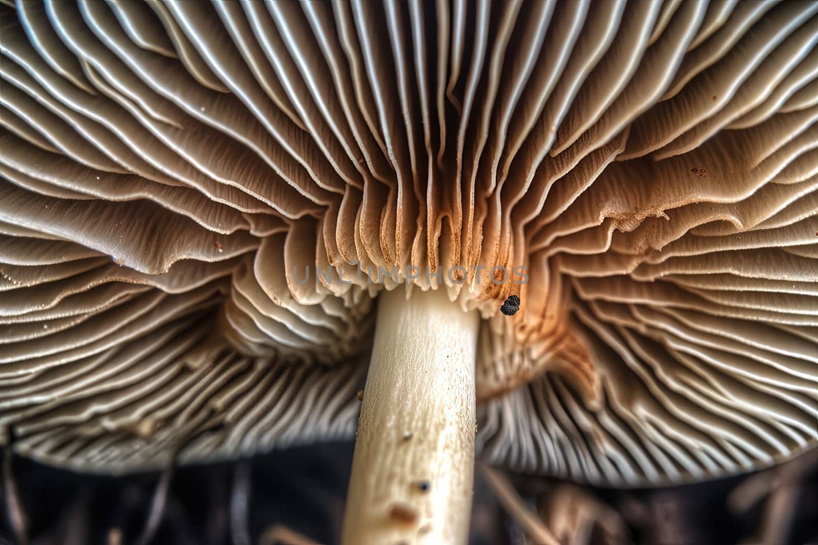 Abstract boletus mushroom. Big fungus with mushroom plates close up image. Generated AI