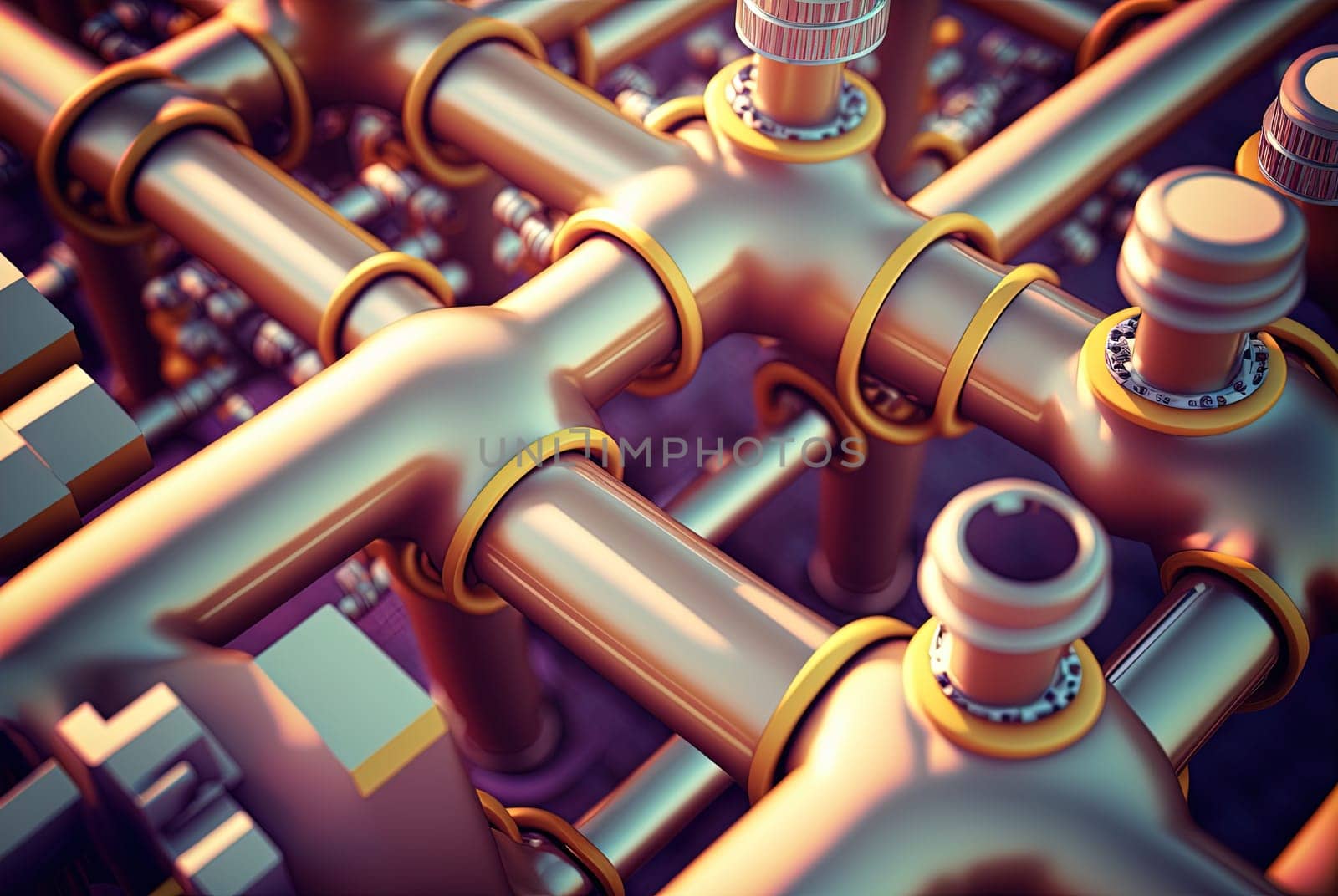 Background with shiny factory pipes. Industrial pipeline communications, technology abstract. Generated AI