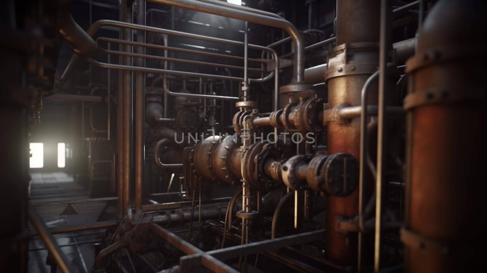 Industrial plant background with shiny pipes. Generated AI