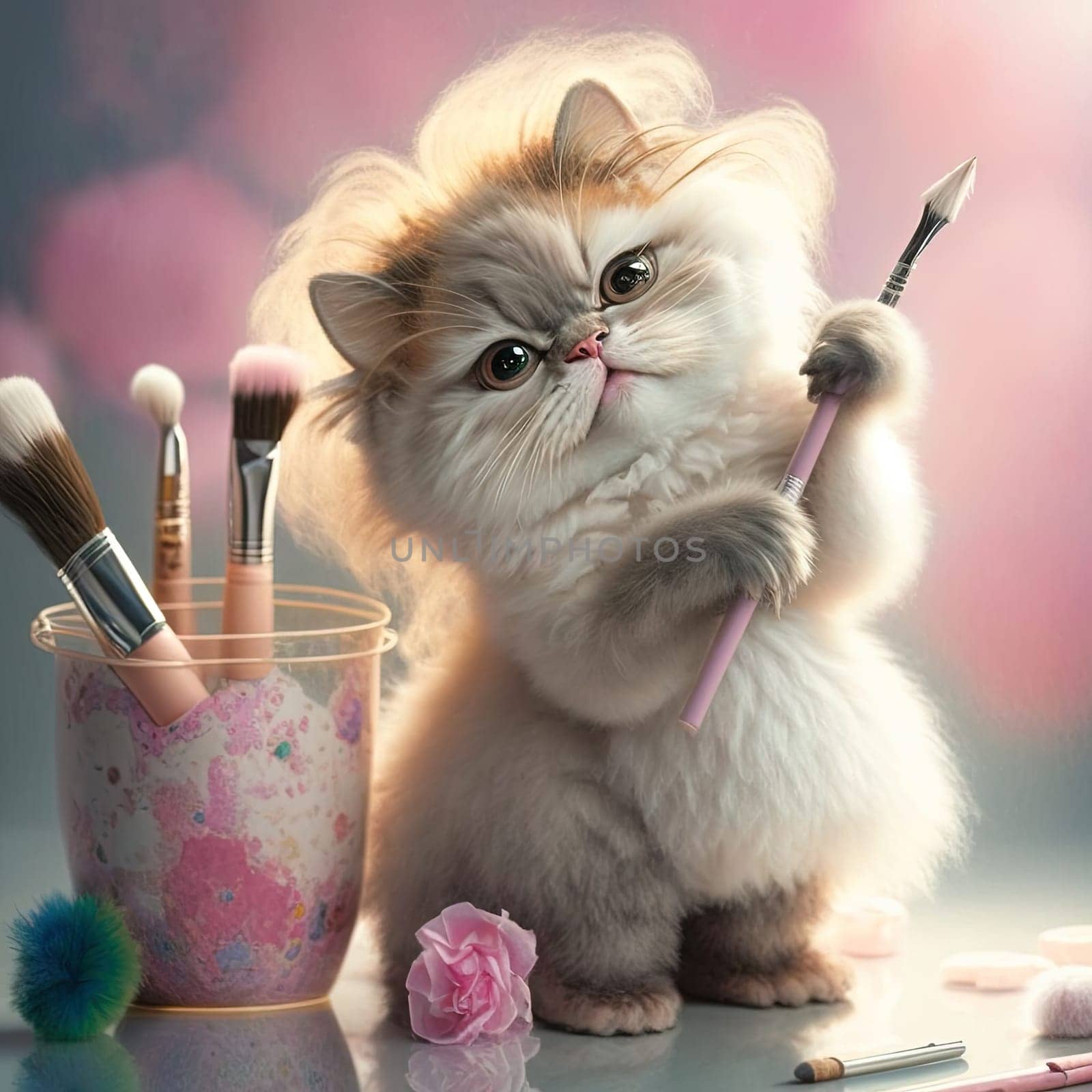 Cute fluffy kitten playing with the makeup. Colorful cosmetics and funny cat. Generated AI. by SwillKch