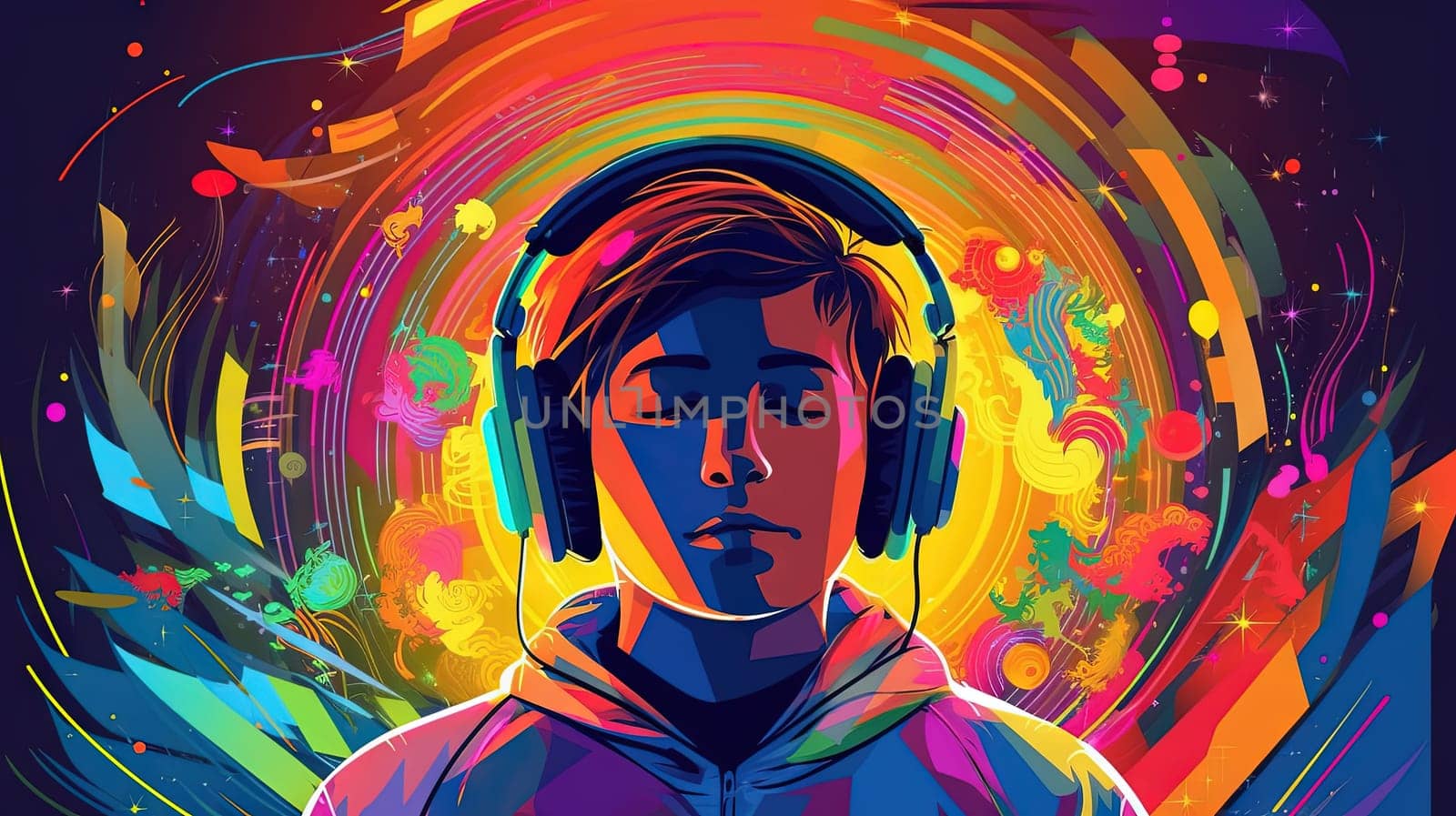 Boy or young man wearing headphones and listening to the exciting music. Juicy color splashes around. Generated AI
