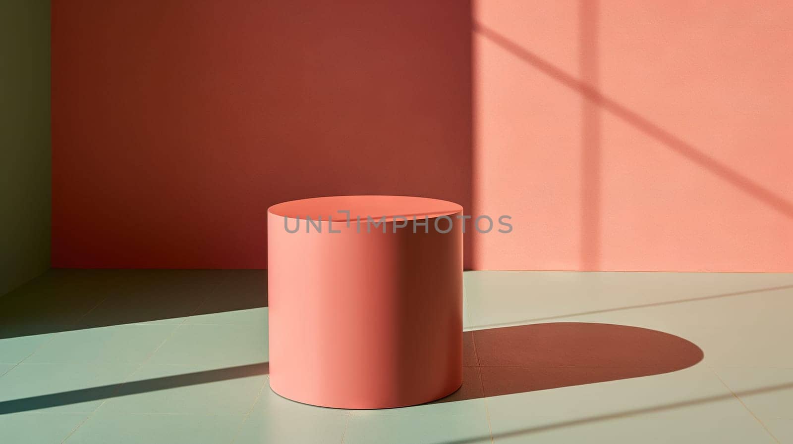 Pedestal in colorful room with shadows on the wall. Rich colored podium scene for product display. Generated AI