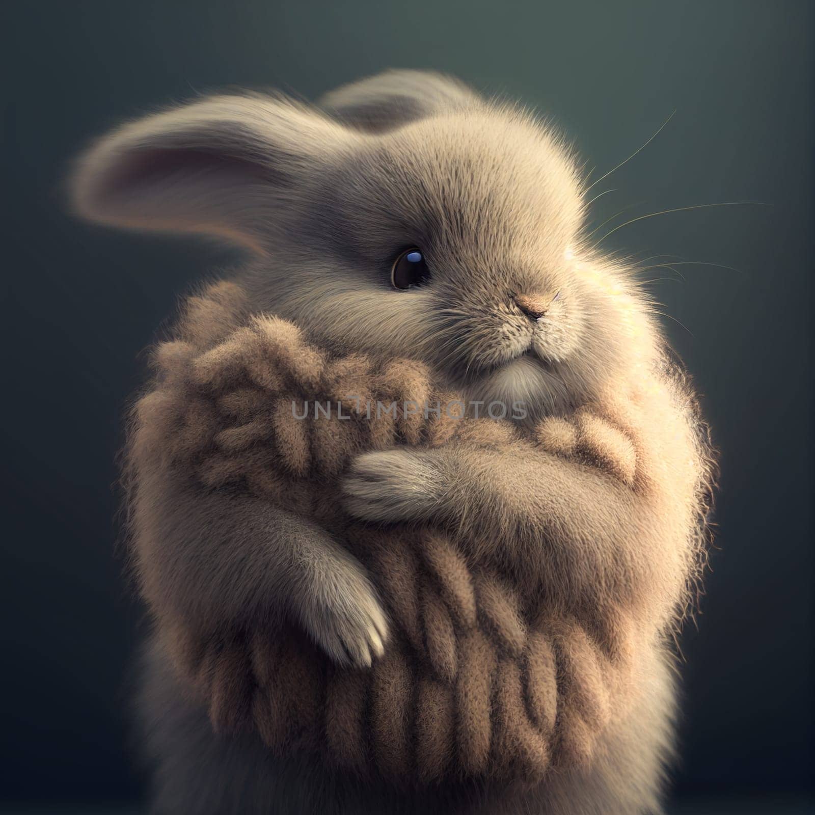 Cute fluffy rabbit hugging red heart. Valentine's Day greetings from romantic bunny holding heart. Generative AI