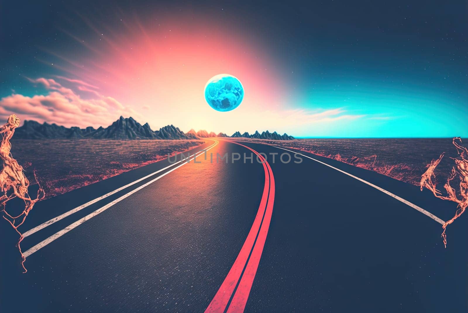 Road to the horizon concept with synthwave colors. Abstract background with surreal night way in 80s style. Generated AI. by SwillKch