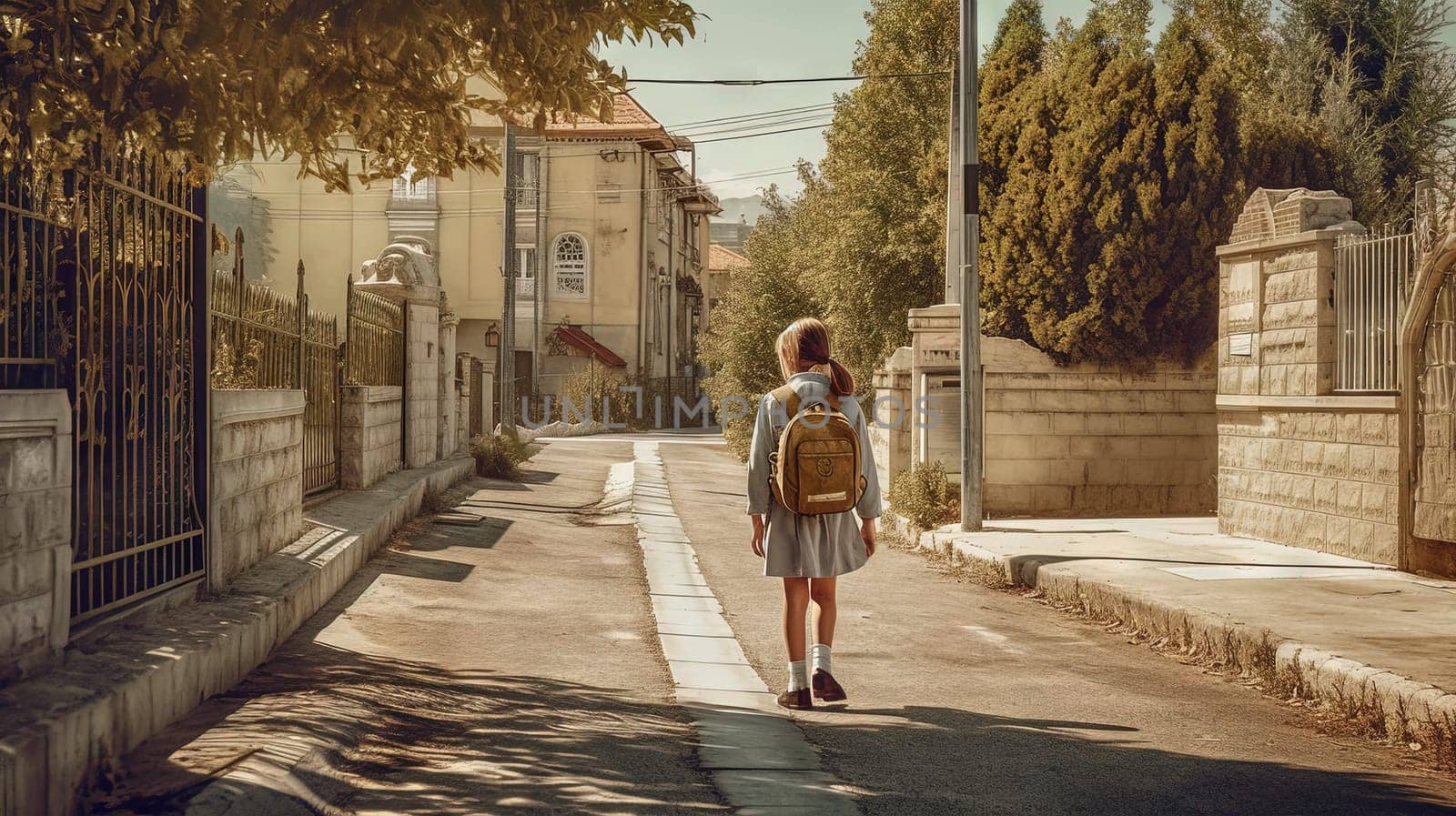 Pupil walking home or to school with backpack. Generated AI