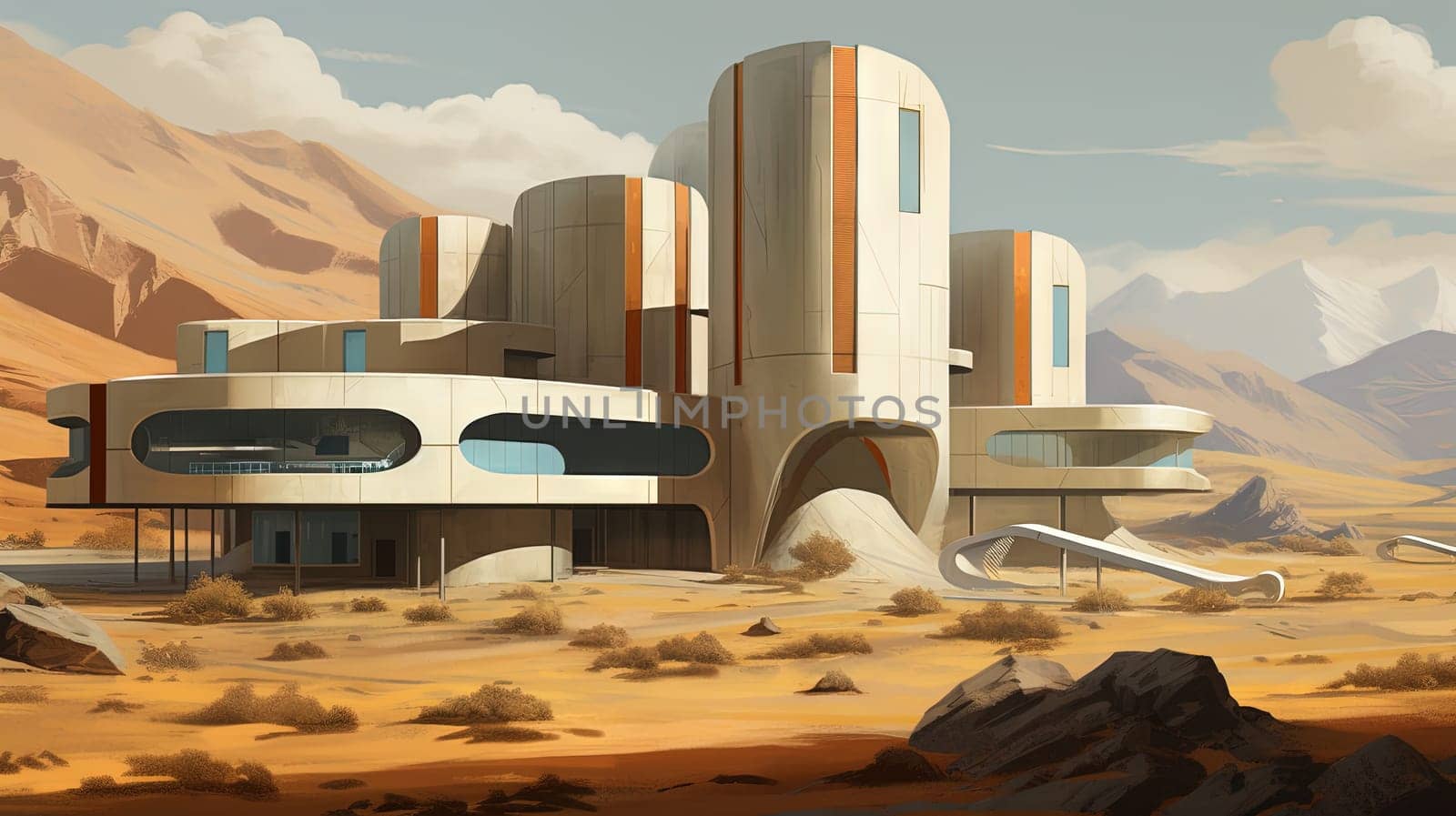 Retro futuristic architecture in sci-fi scene on the desert planet. Alien landscape with nostalgic retro future constructions. Generated AI