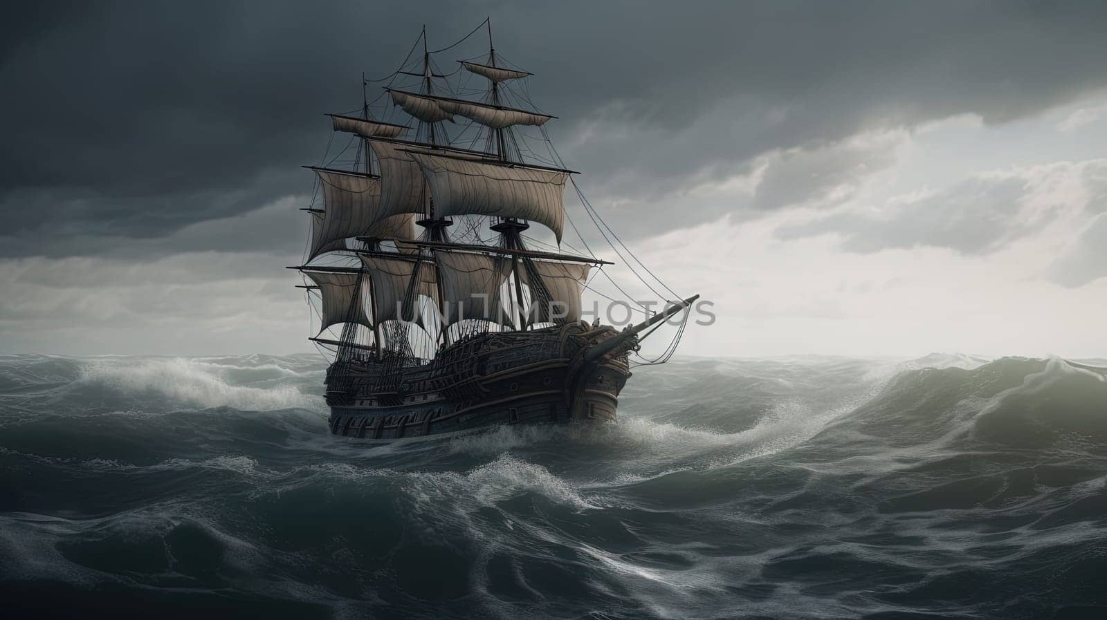 Ship in the stormy sea with huge waves. Giant stormy waves in the ocean and boat. Generated AI