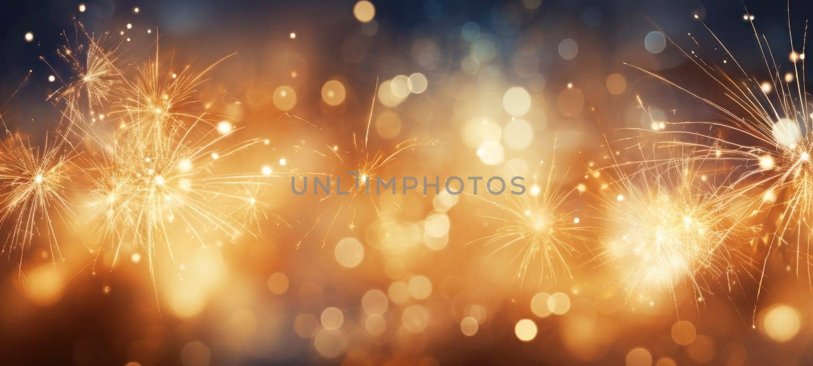 Abstract background with golden fireworks, sparkles, shiny bokeh glitter lights. Festive gold background for card, flyer, invitation, placard, voucher, banner