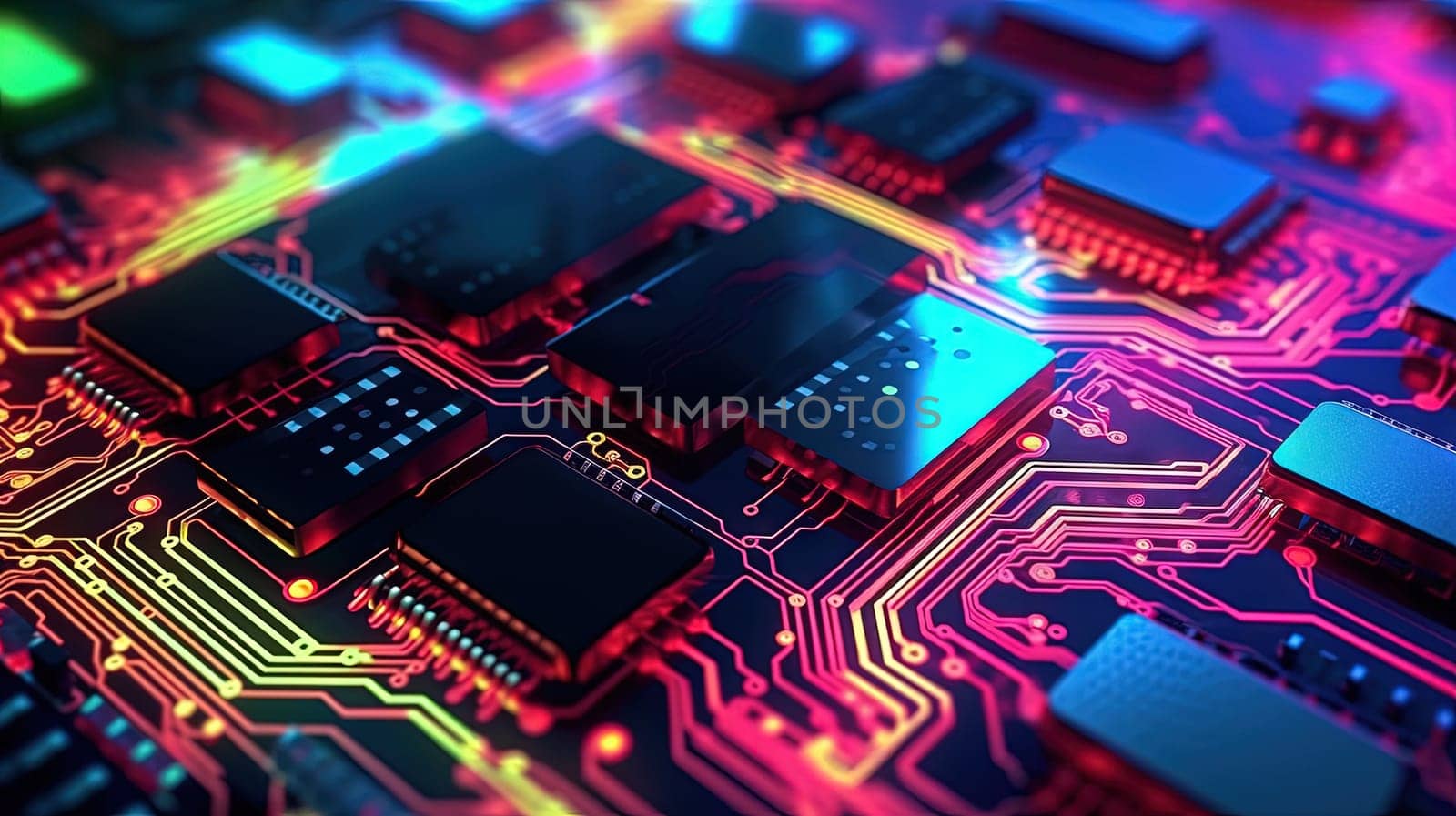 Motherboard with chips and connections in purple and blue neon lights. Technology background with microchips on hardware circuitboard. Generated AI. by SwillKch