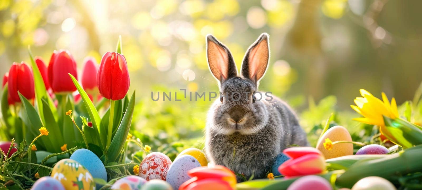 A charming bunny enjoys the beauty of a sun-drenched flower garden, surrounded by Easter eggs and blooming tulips.