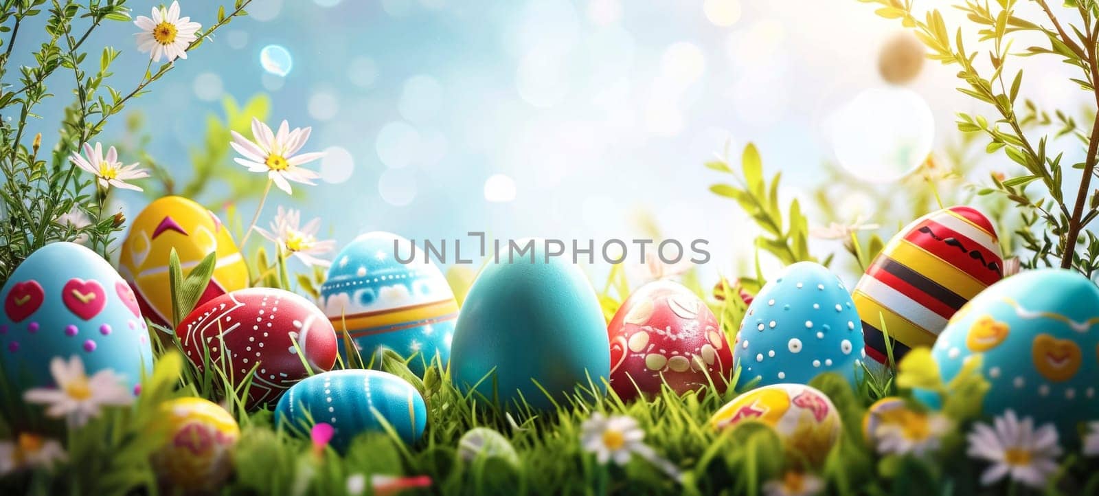 A bright and joyful Easter scene featuring multicolored painted eggs nestled in lush green grass, surrounded by delicate spring daisies and soft sunlight.