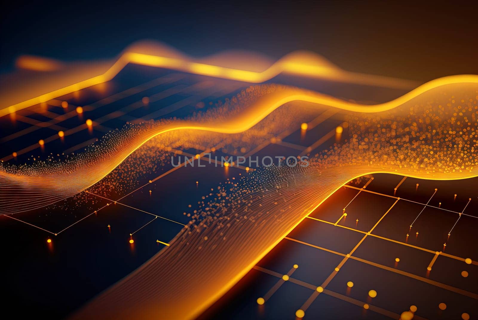 Technology abstract with shiny data wave flow. Science concept with glowing wires connected on futuristic background. Generated AI. by SwillKch