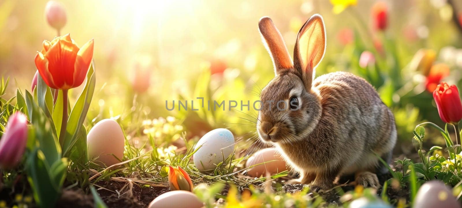 A charming bunny enjoys the beauty of a sun-drenched flower garden, surrounded by Easter eggs and blooming tulips.