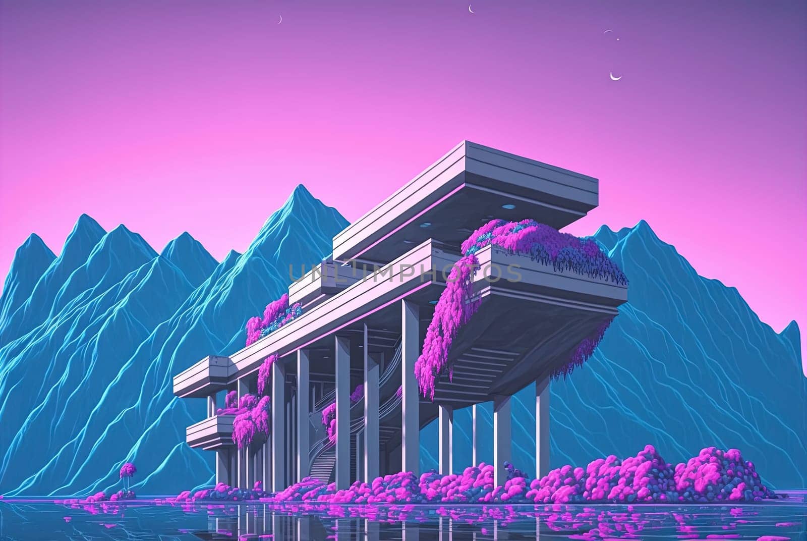 Vaporwave landscape with abstract building with pillars. 80s styled pink and blue minimalistic architectural scene. Generated AI