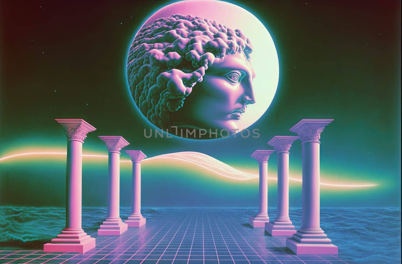 Vaporwave background with ancient greek statue head and architectural elements. Abstract vaporwave background in 80s style. Generated AI. by SwillKch