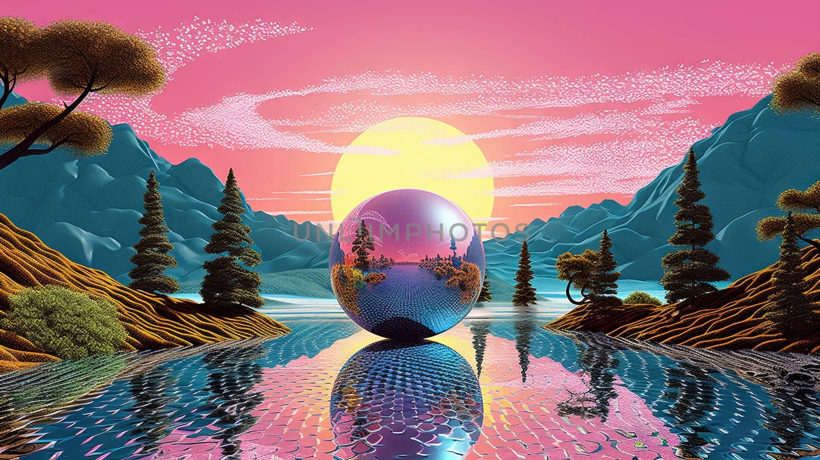 Surreal vaporwave scene with golden ball on the landscape with mountains and sea. 90s styled abstract surreal pink composition. Generated AI