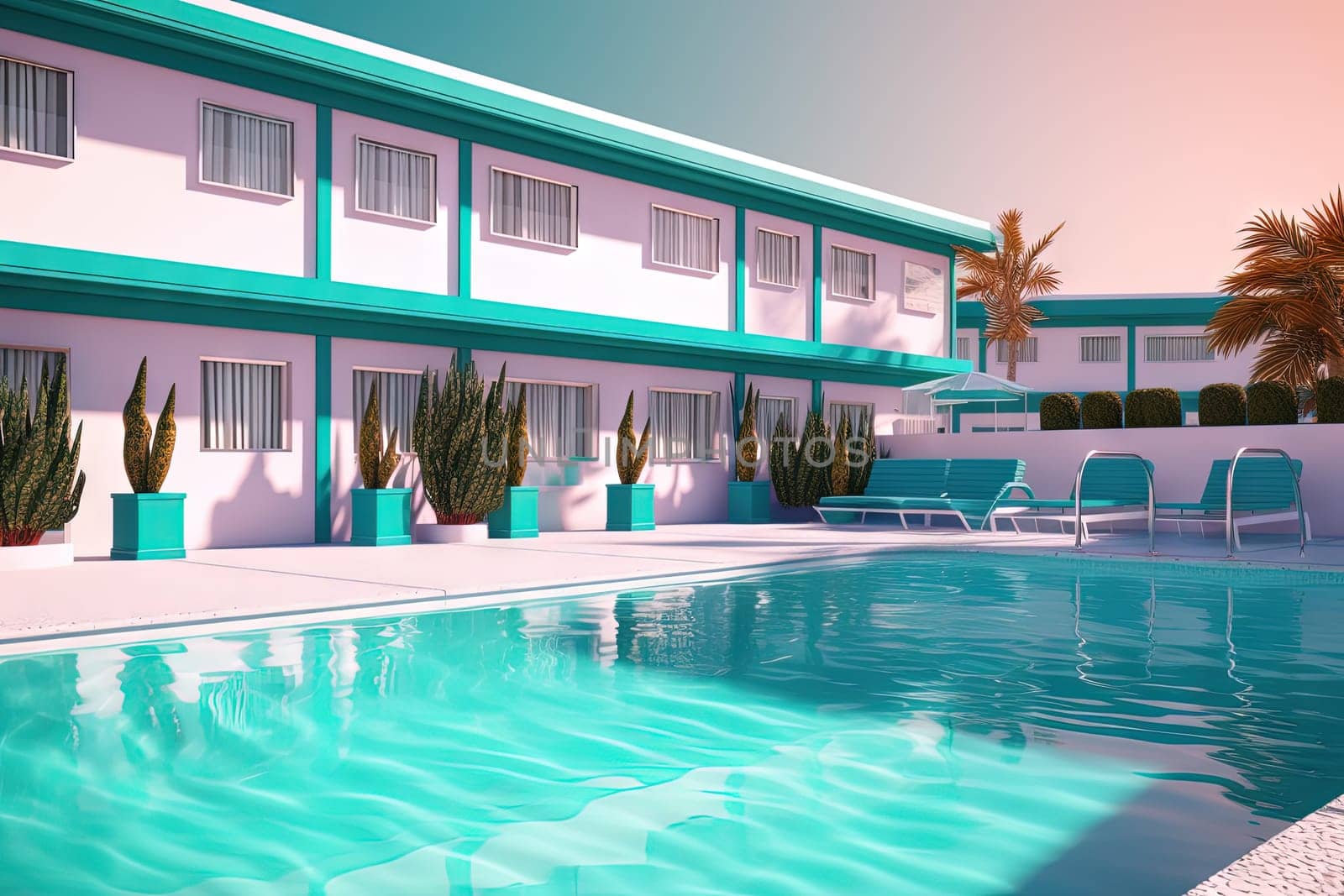 Summer hotel with pool in vaporwave style, pink and blue colors. Generated AI. by SwillKch