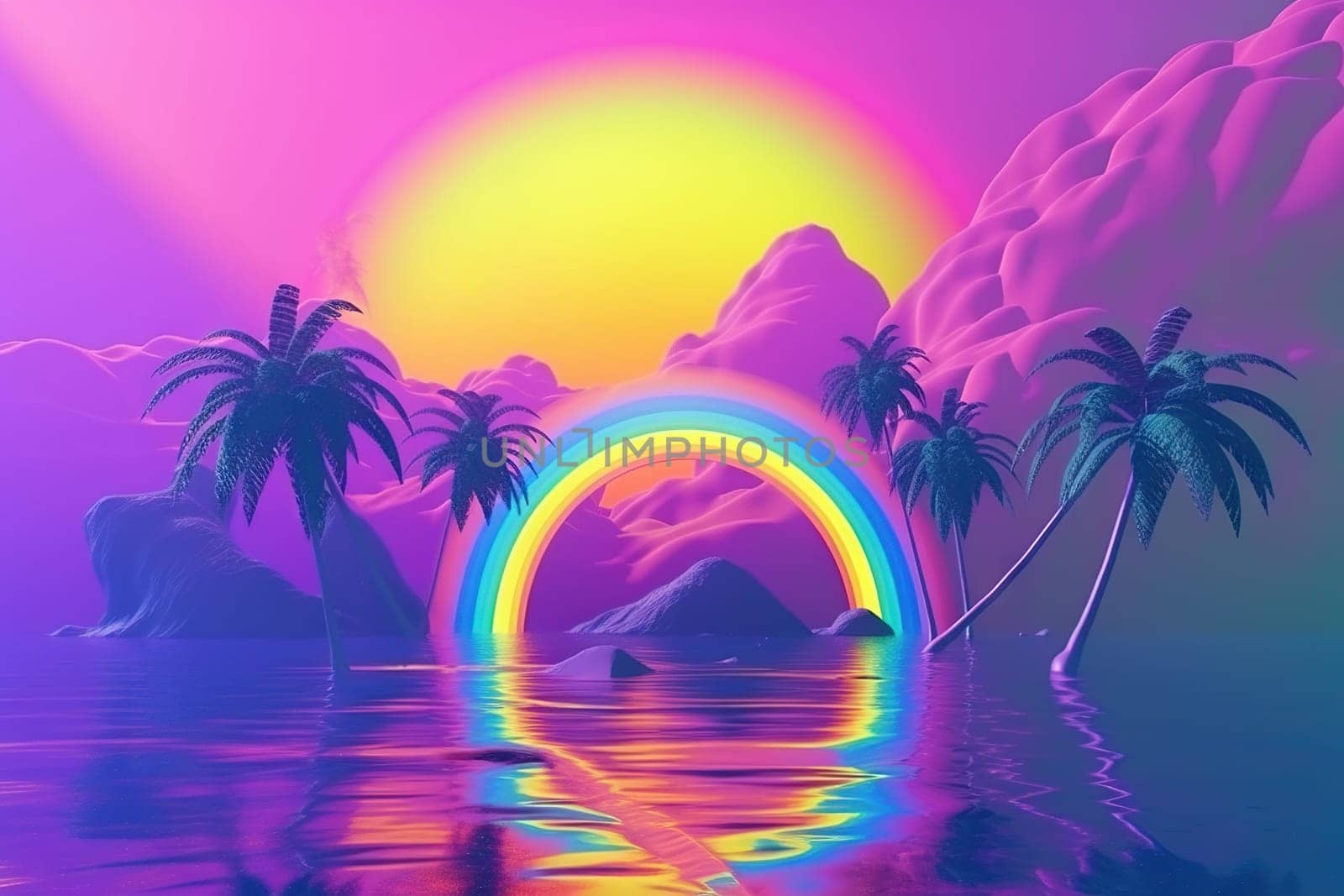 Palm trees and rainbow 80s landscape in vaporwave style. Retrowave vacation background with tropical sunset and palms. Generated AI