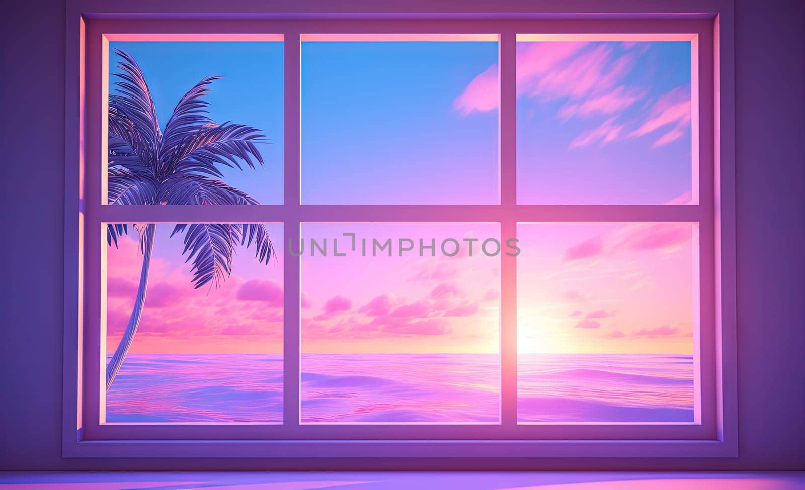 Open window with tropical landscape and ocean in vaporwave style. Purple sundown in 90s style room, vacation calmness frame. Generated AI