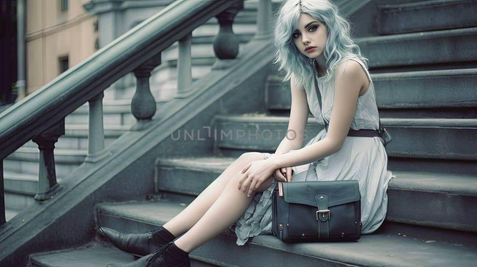 Beautiful woman sitting on the street with cute purse. Fashion model posing outdoor. Generated AI. by SwillKch
