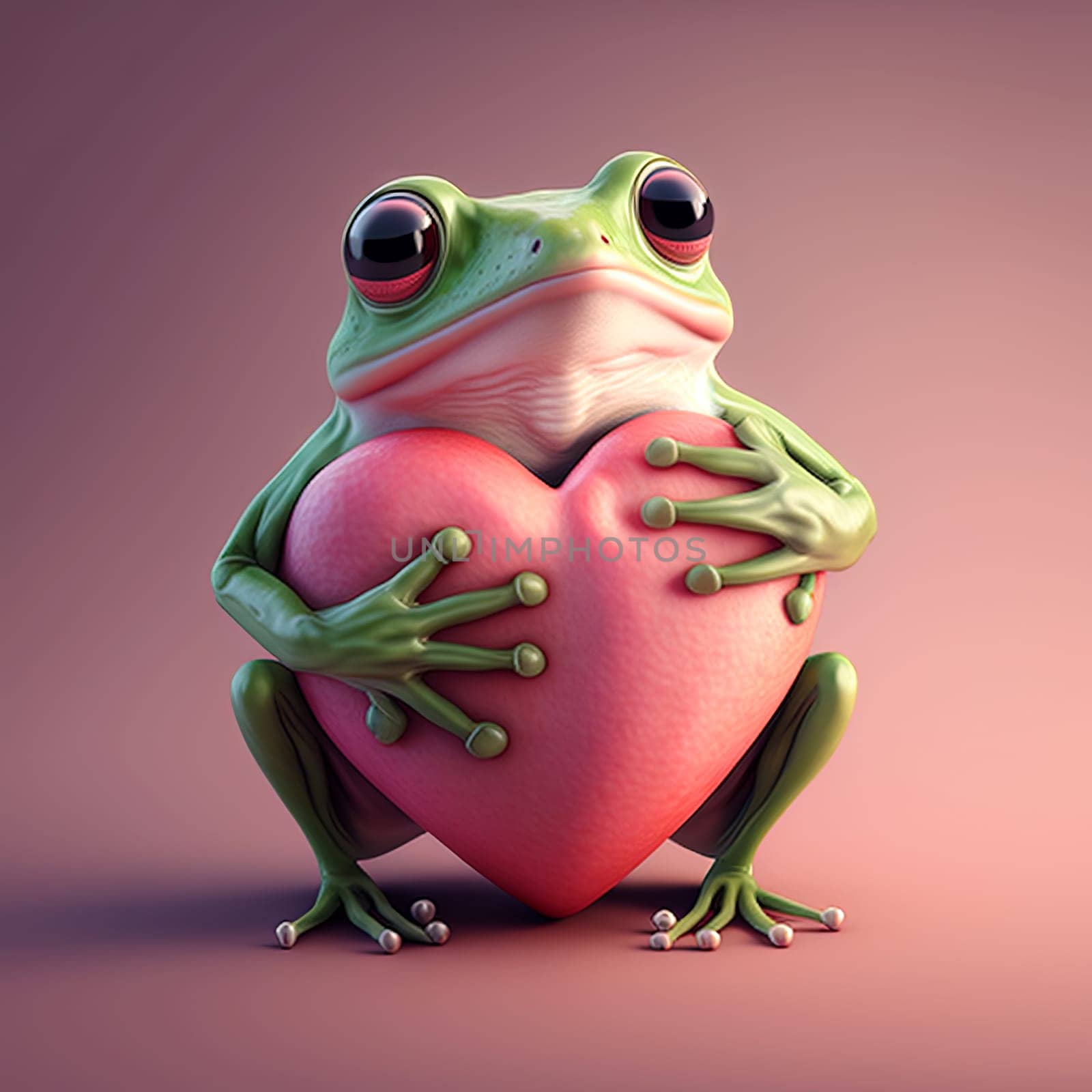 Valentine's Day greeting card with frog holding heart. Romantic frog offers love by hugging heart. Generative AI