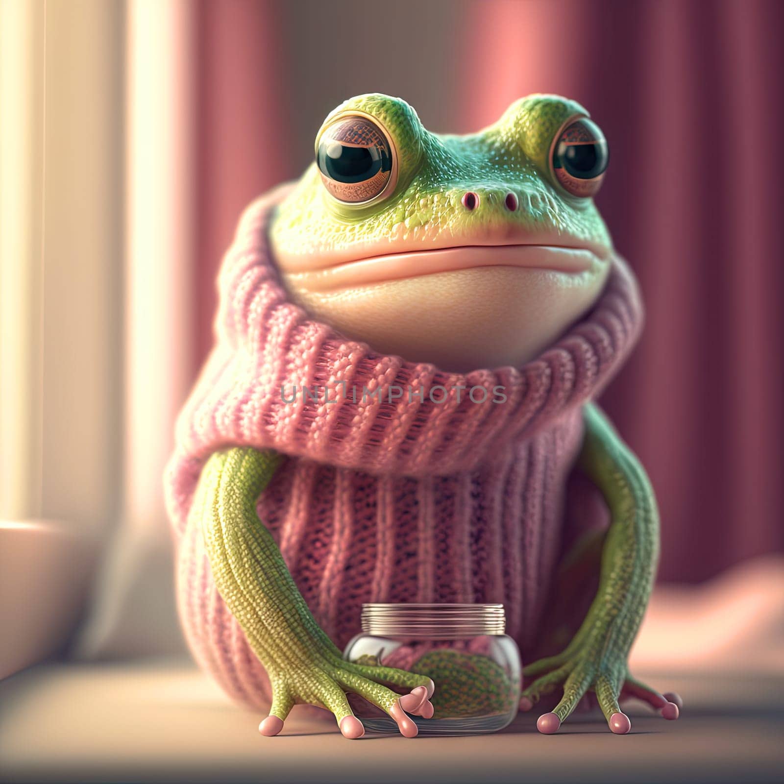Frog in pink knitted sweater relaxing at home. Funny green frog in cozy clothes, self care concept. Generative AI