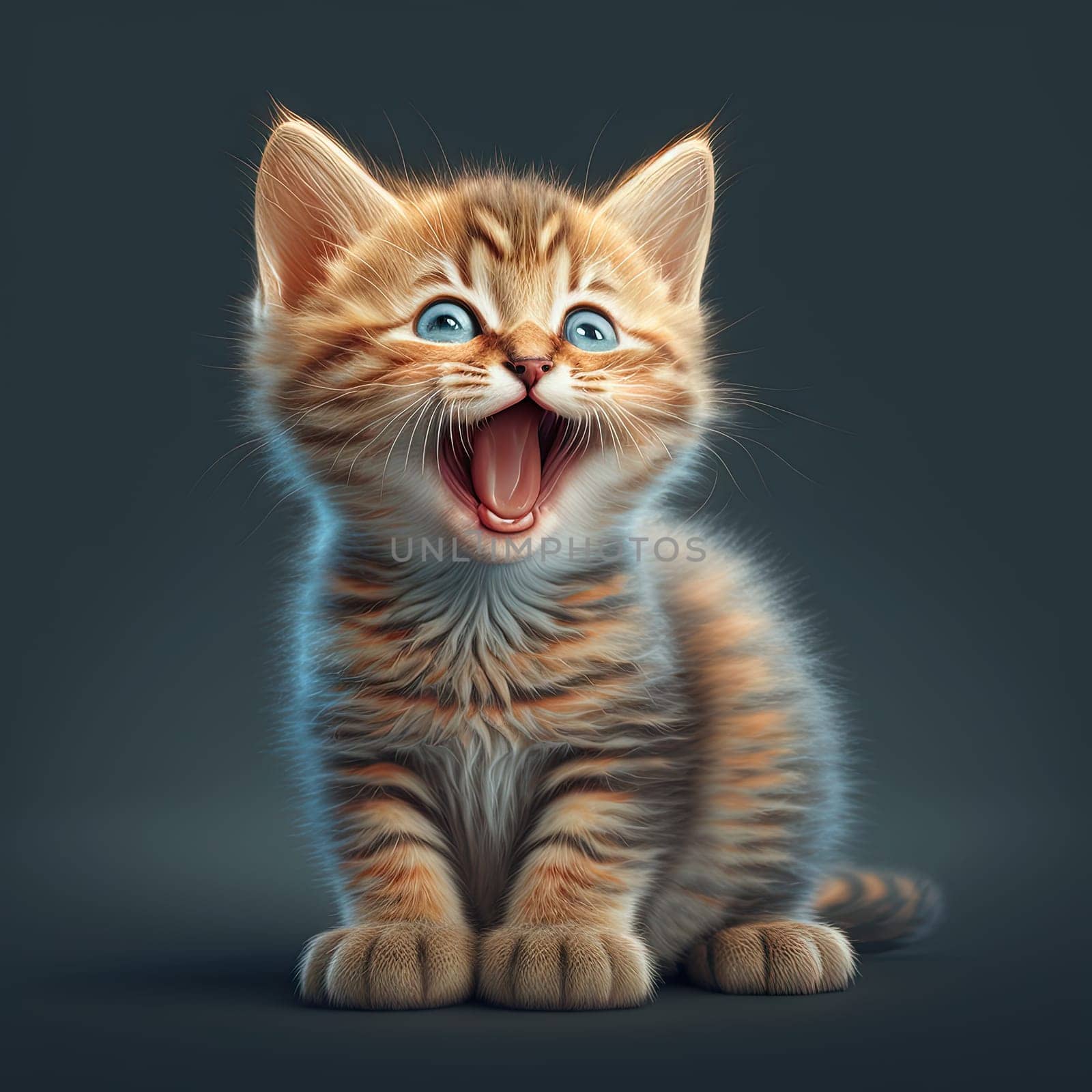 Cute kitten laughing. Small domestic cat kid yawning or smiling. Generative AI