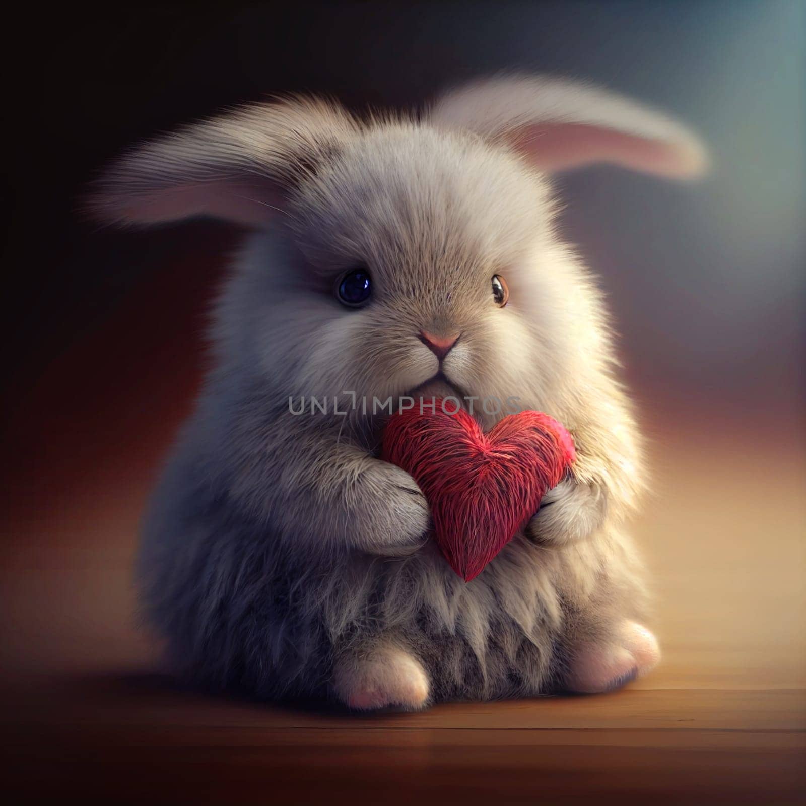 Cute fluffy rabbit hugging red heart. Valentine's Day greetings from romantic bunny holding heart. Generative AI. by SwillKch