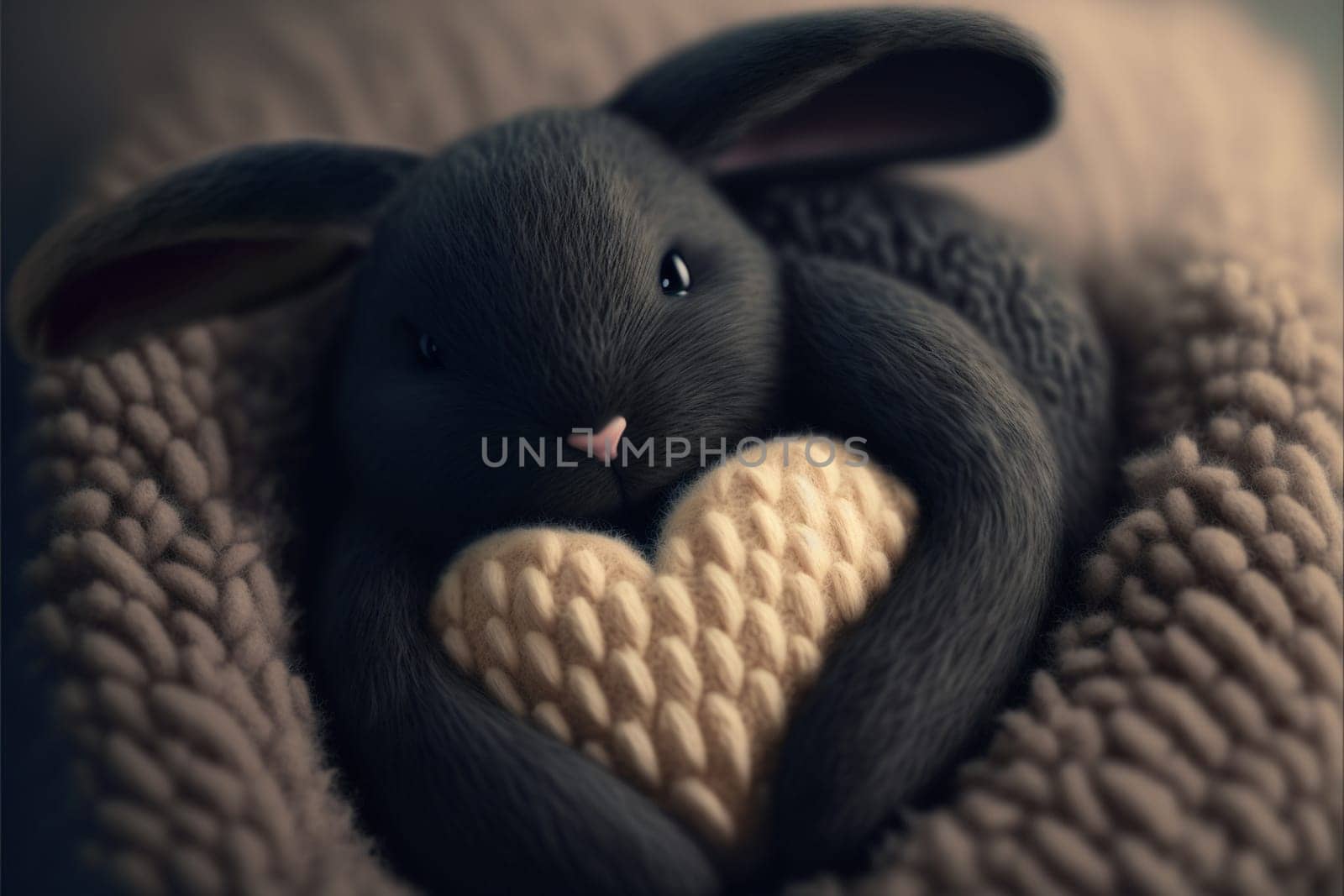 Cute fluffy black rabbit hugging red heart. Valentine's Day greetings from romantic bunny holding heart. Generative AI. by SwillKch