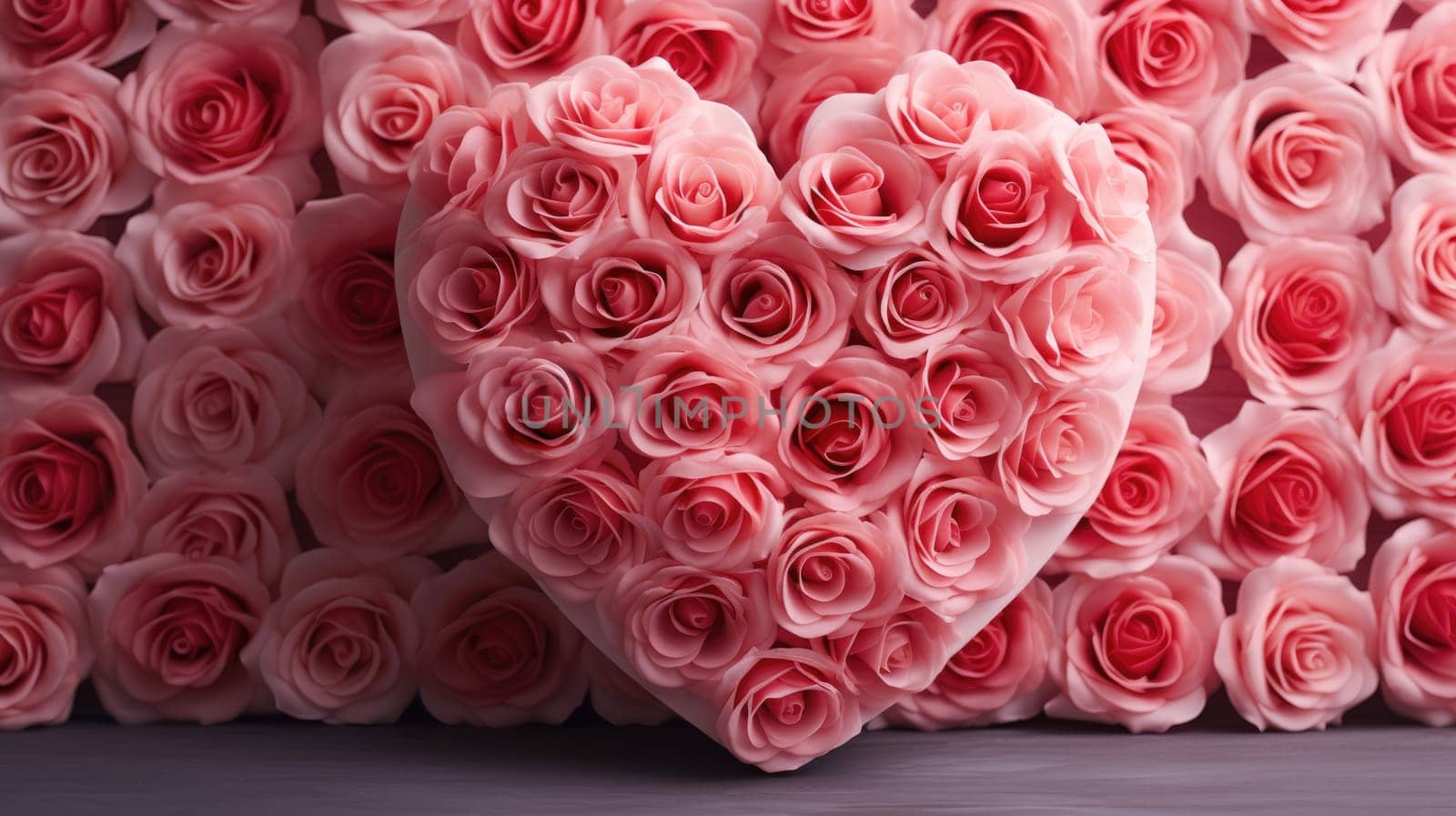 Happy Valentine's Day. Festive background with heart from roses, gift box. Romantic banner AI