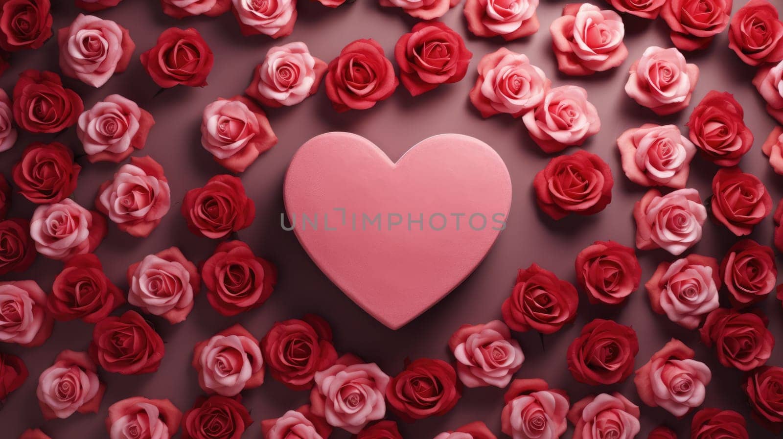 Happy Valentine's Day. Festive background with heart from roses, gift box. Romantic banner AI