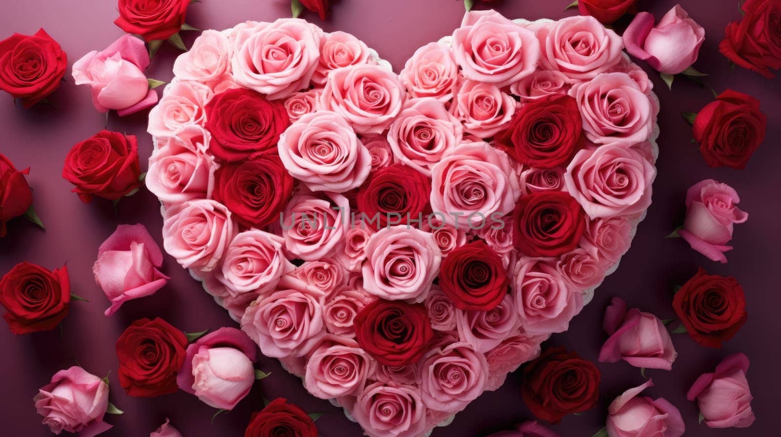 Happy Valentine's Day. Festive background with heart from roses, gift box. Romantic banner AI