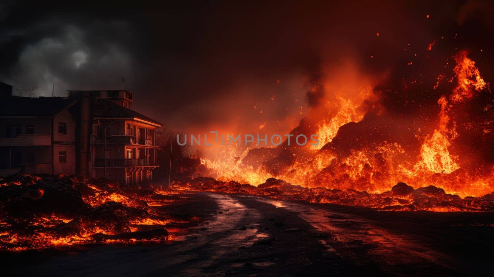 Natural disaster. Lava fire in city populated area after a volcanic eruption. AI