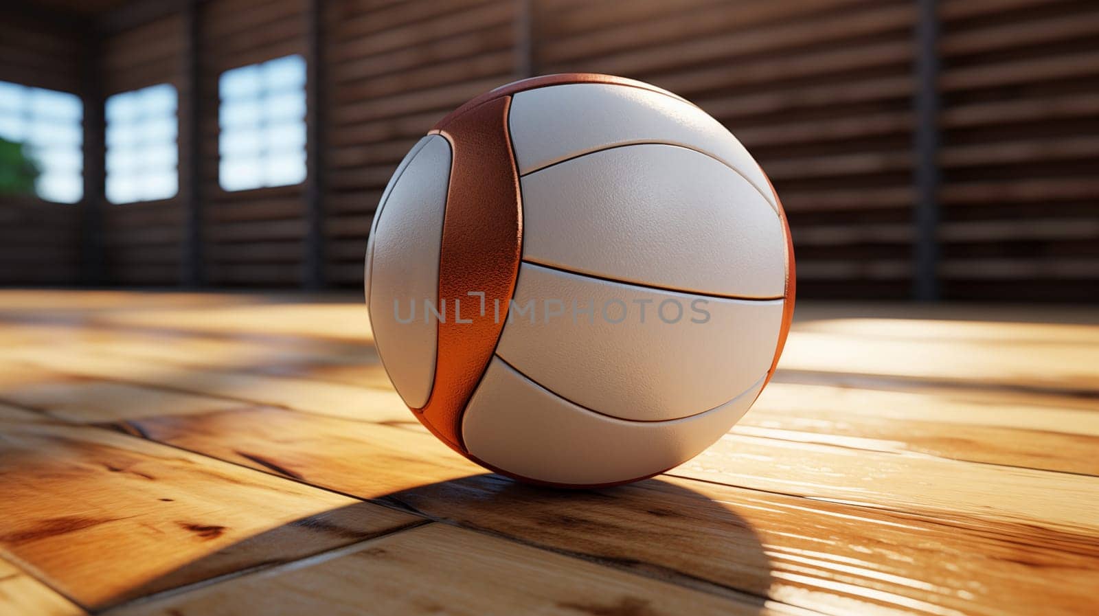 A white volleyball ball lies on the hall on a wooden court with blurred windows in the background.