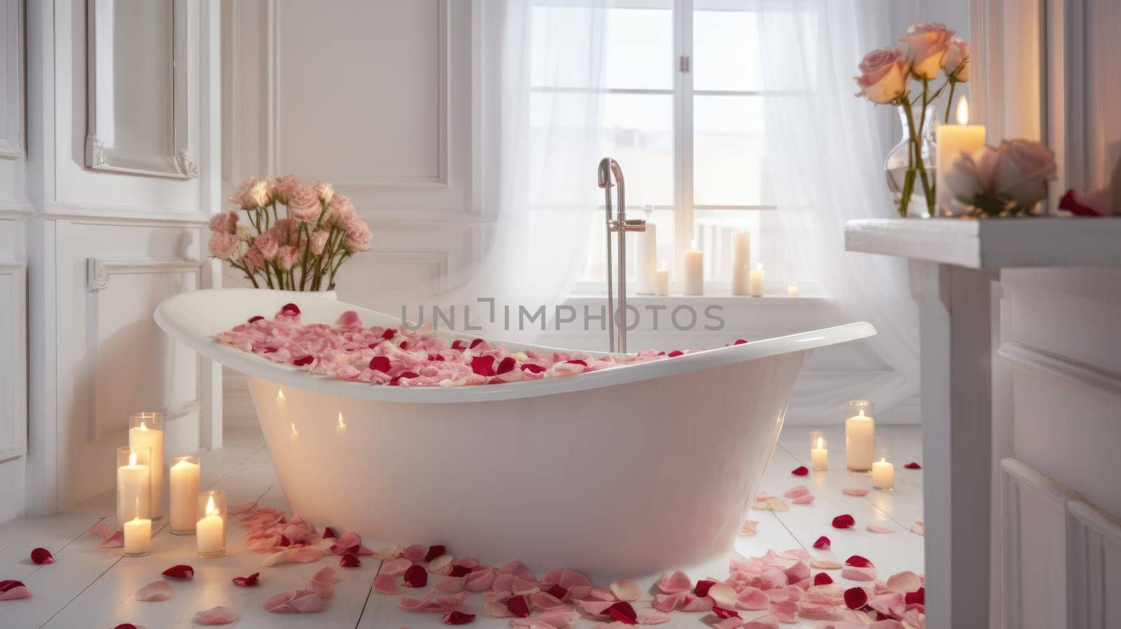 White bathroom with rose petals and candles. Romantic mood AI