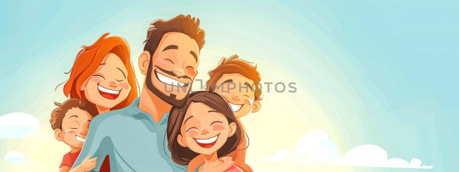 smiling happy cartoon family with a father, mother, daughter, and two sons smiling together against a light blue background by Edophoto