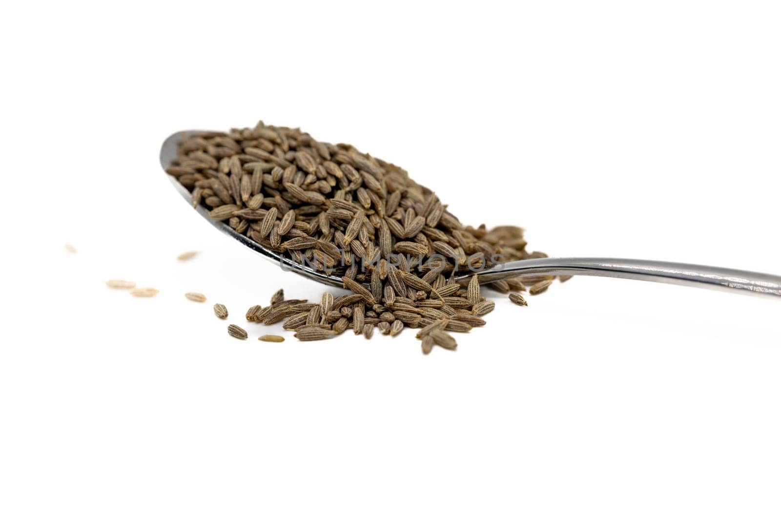 A close-up shot of a spoon delicately holding a generous portion of Cumin seeds, creating a delightful and appetizing image