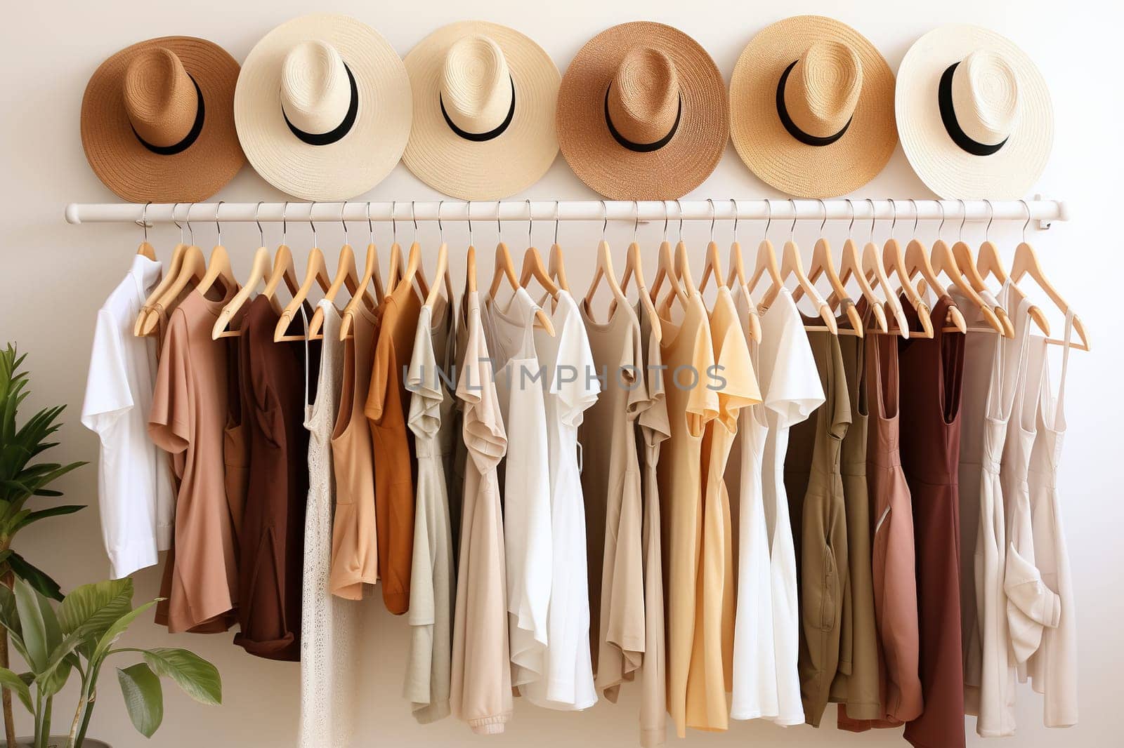 Women's wardrobe, clothes in neutral light colors on hangers. Concept: organizing order in a wardrobe or pantry. Shelf with hangers and hats. Generated by artificial intelligence by Vovmar